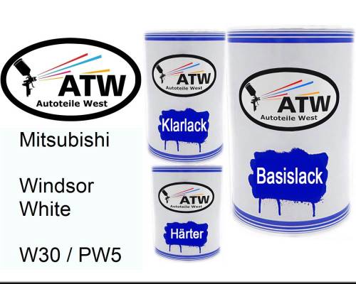 Mitsubishi, Windsor White, W30 / PW5: 500ml Lackdose + 500ml Klarlack + 250ml Härter - Set, von ATW Autoteile West.
